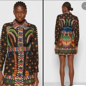 Farm Rio Black Macaw Night Long Sleeve Button Front Mini Dress M